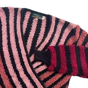 Chego International L Pink Black Burgundy Stripe Wrap Textured Knit Sweater VTG.